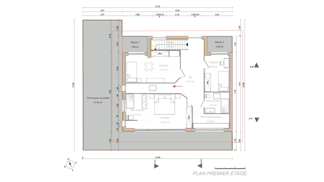 plan 2D du premier étage d'une maison tracé avec Cedreo 