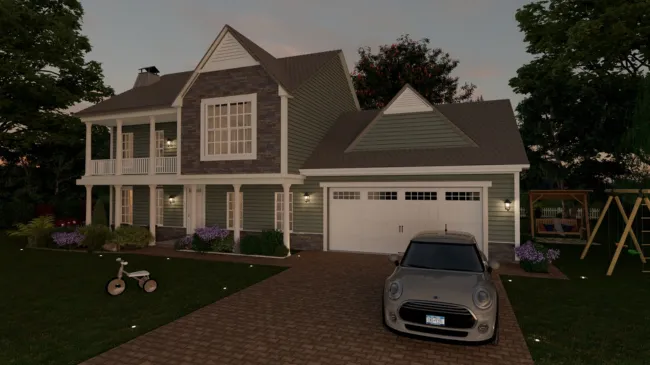 3D render of a Colonial house with 2 doors garage by Cedreo