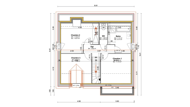 plan 2D de l'étage avec les ouvrants dessiné avec Cedreo