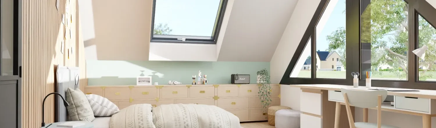 3D render of a teenager room in attics by Cedreo