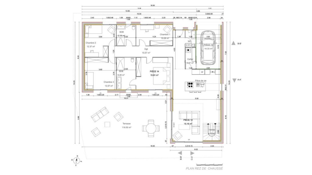 plan 2D d'une maison avec extension dessiné avec Cedreo