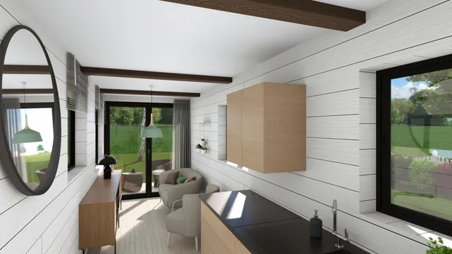 3D render of a Tiny House livingroom designed with Cedreo