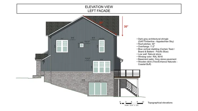 Left elevation of a modern farmhouse designed by Cedreo
