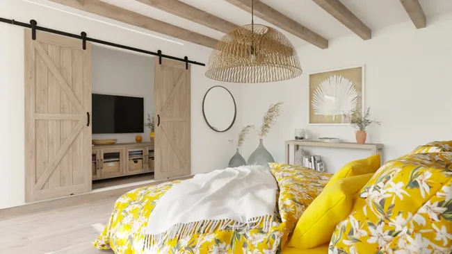 3D render of a farmhouse styme bedroom designed by Cedreo