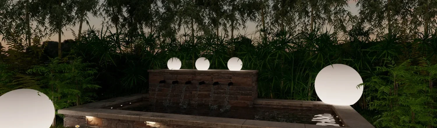 3D render of an exterior pond at night designed with Cedreo