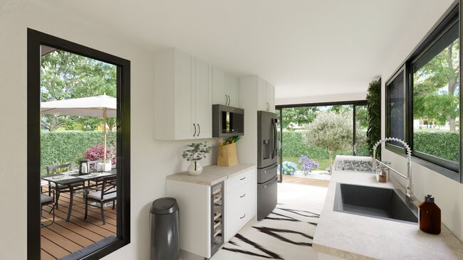 kitchen with bay window in a container house