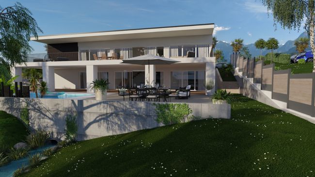 3D render of a house with sloped terrain 