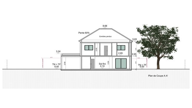 Plan de coupe AA composition des murs