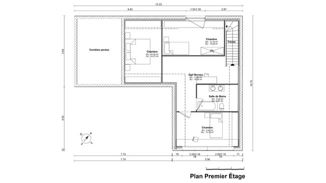 Plan 2D étage avec combles aménagés