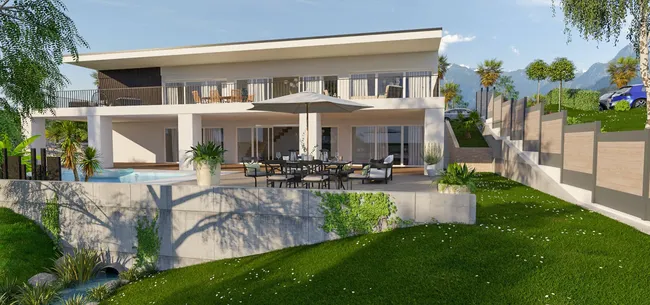 3D render of the rear facade with sloped terrain of a modern house designed with Cedreo