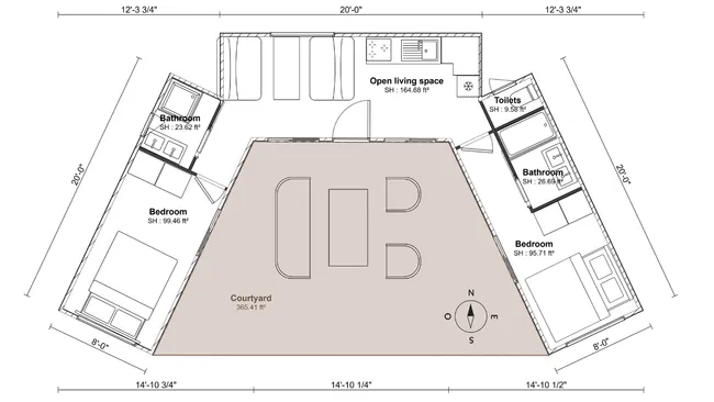 2D floor plan of a 3-Container Home with Central Courtyard by Cedreo