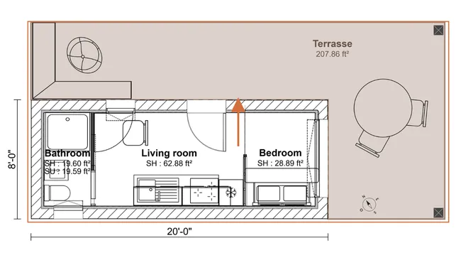 2D floor plan of a one-bedroom container house by Cedreo
