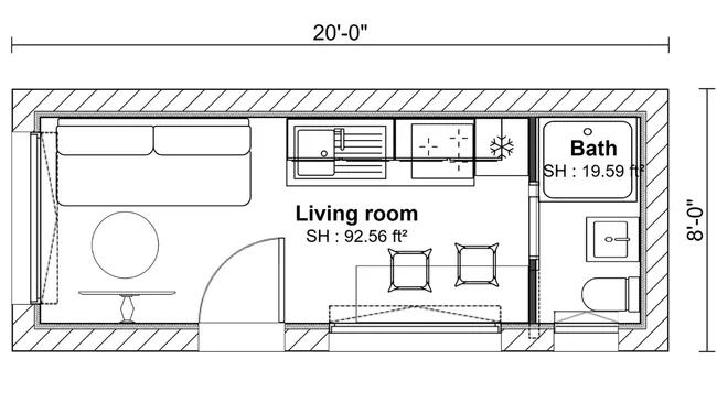 2D floor plan of a 20-feet container house by Cedreo
