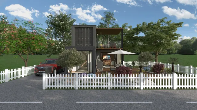 3D render of a 2-story container house by Cedreo