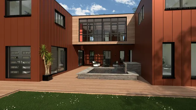 3D render of a raw corrugated steel container house by Cedreo
