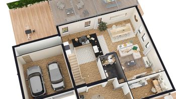 Plano en 3D con una isla en forma de L
