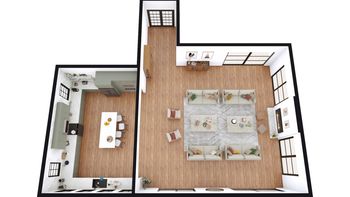 Plano en 3D con una extensión del salón