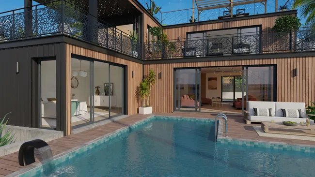 3D render of a luxury shipping container with pool designed with Cedreo