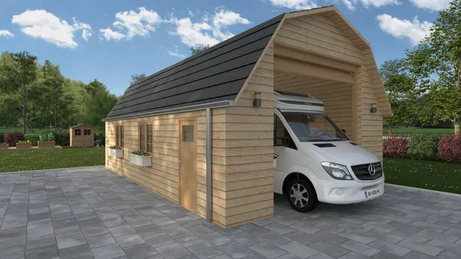 3D render of a RV detached garage designed by Cedreo