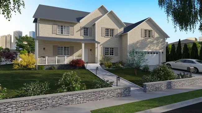 3D render of a Capecode house with an addition over the garage generated with Cedreo