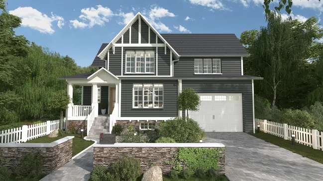 3D render of a craftsman house with an addition over the garage