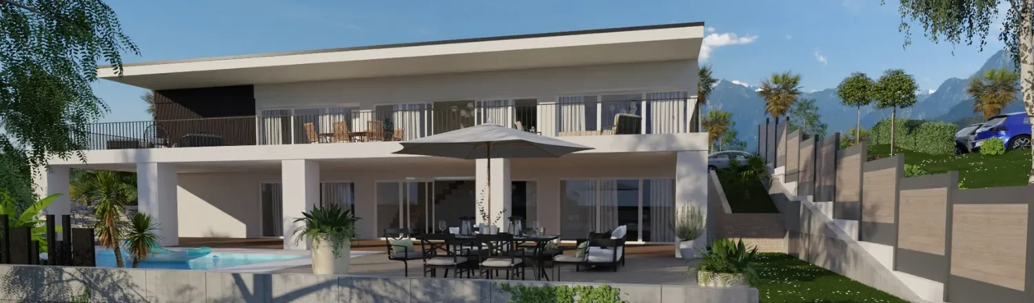 Rendu 3D d'une maison contemporaine réalisé avec Cedreo pour header article de blog comment chiffrer une maison