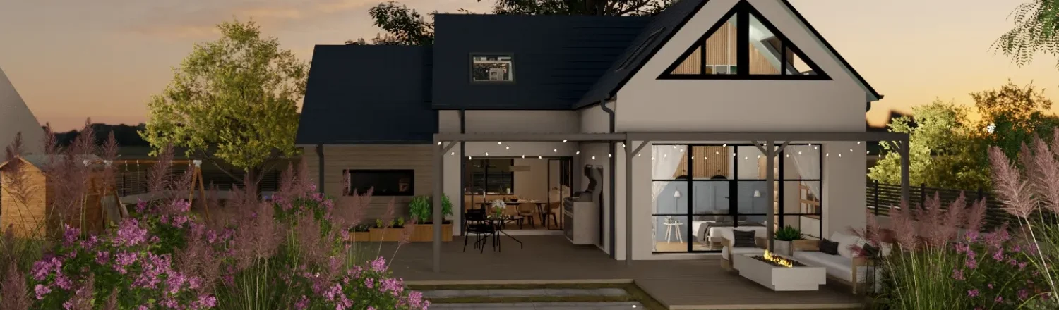Rendu 3D de nuit d'une maison avec combles aménagés réalisé avec Cedreo