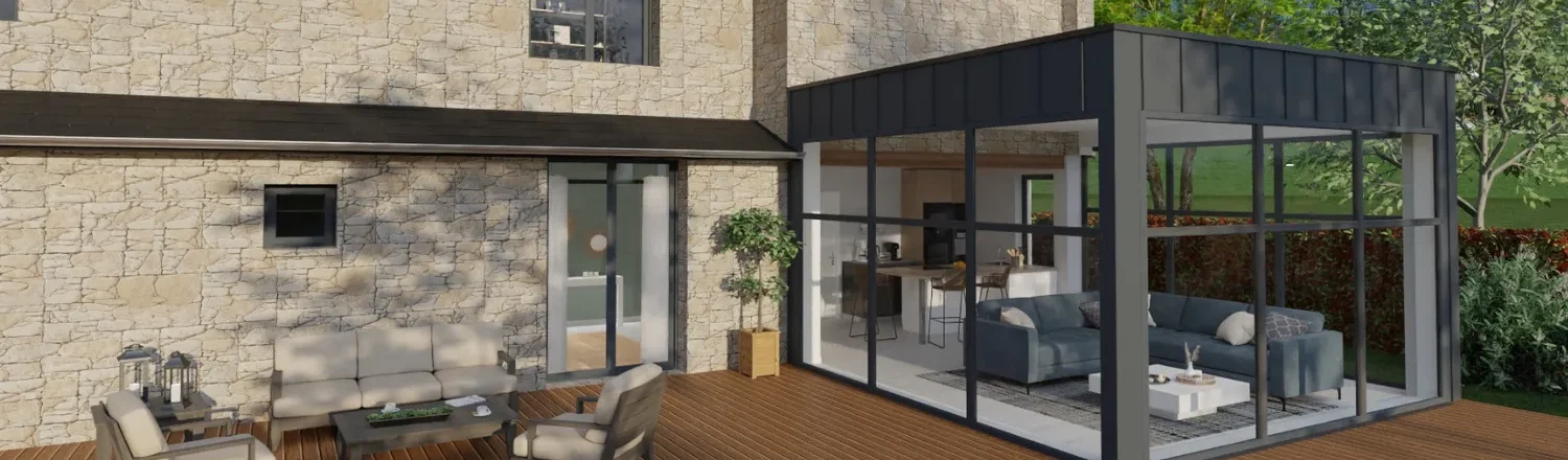 Rendu 3D d'une extension véranda pour le header de l'article de blog véranda et permis de construire
