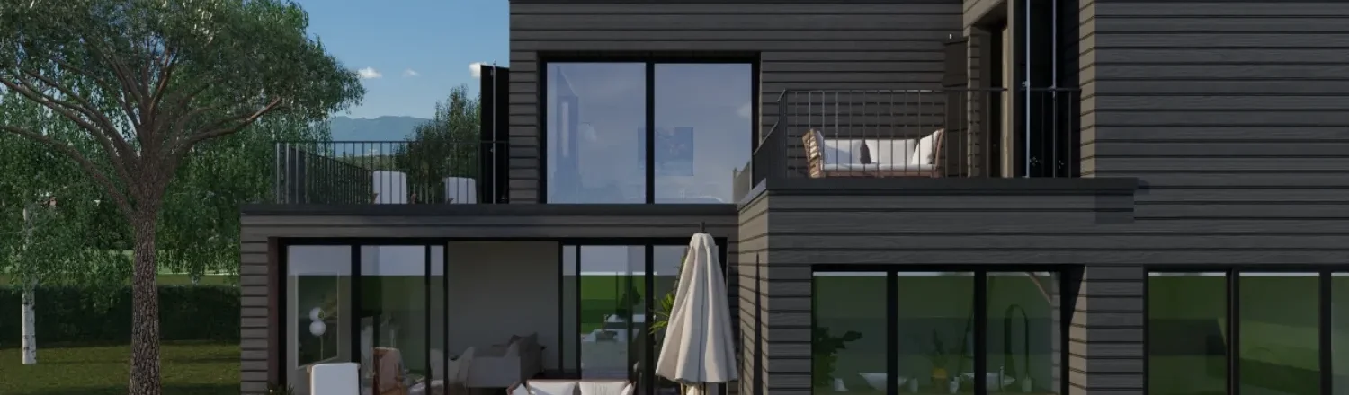 Rendu 3D d'une maison avec surélévation partielle pour header article de blog