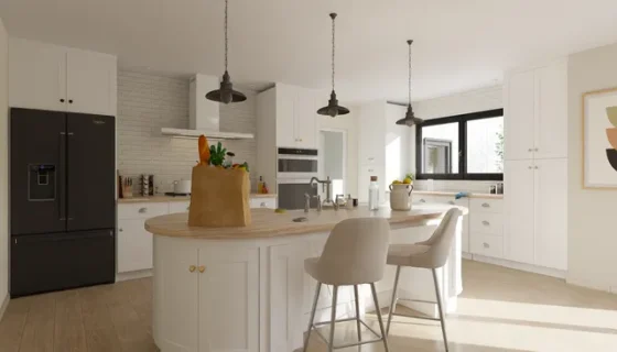 3D render of a modern farmhouse kitchen by Cedreo