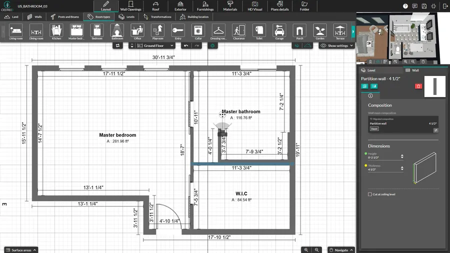 cedreo interface - layout step to draw bathroom