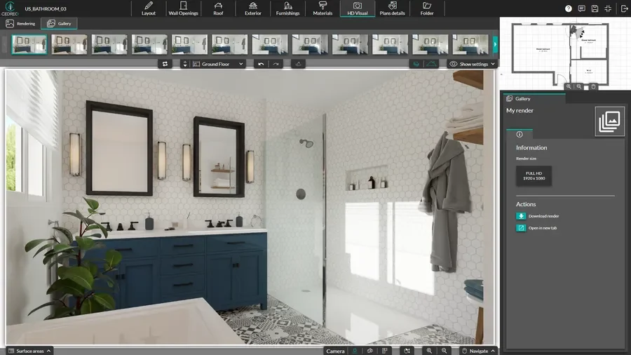 cedreo interface - visual HD step to generate 3D bathroom renderings