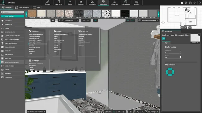 Captura de pantalla del software Cedreo: elegir materiales