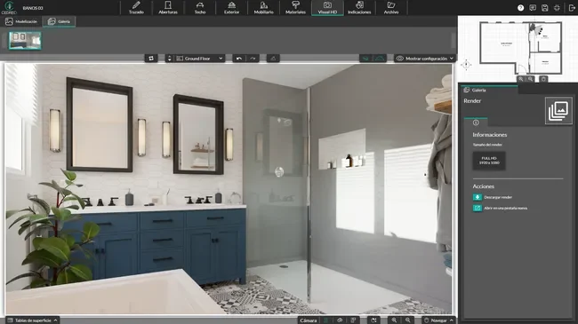 Captura de pantalla del software Cedreo: renderización 3D de un cuarto de baño