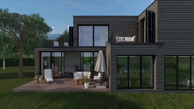 Rendu 3D d'une maison avec une surélévation partielle réalisé avec Cedreo