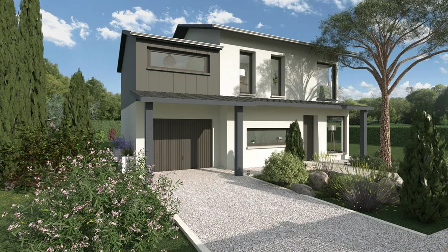 Rendu 3D  maison contemporaine avec extension en zinc au dessus du garage