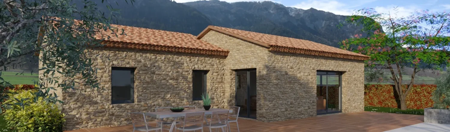 Renderizado en 3D de una casa con fachada de piedra para el encabezado de un artículo de blog.
