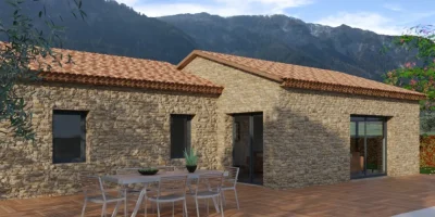 Renderizado en 3D de una casa con fachada de piedra para el encabezado de un artículo de blog.