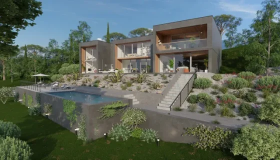 3D render of a modern house on sloped terrain with pool created with Cedreo