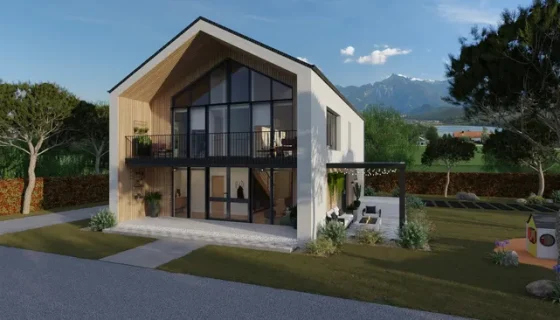 Renderización 3D de una casa moderna con fachada ventilada por cedreo.