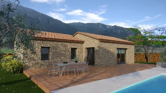 Renderización 3D de una casa con fachada clásica de piedra realizada por cedreo.