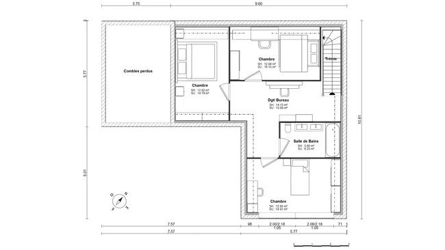 Plan 2D de l'étage sous combles d'une maison familiale réalisé avec Cedreo 