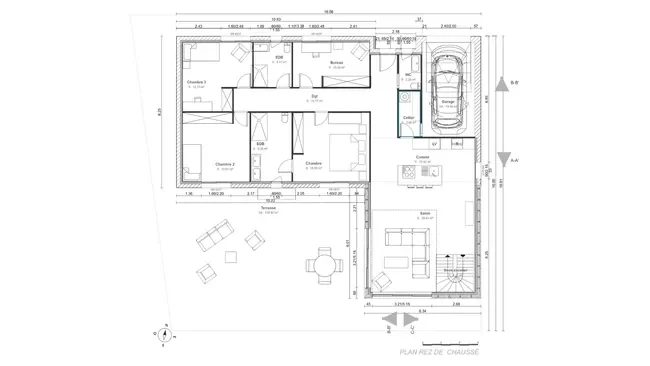 Plan 2D du RDC d'une maison avec composition des murs réalisé avec Cedreo