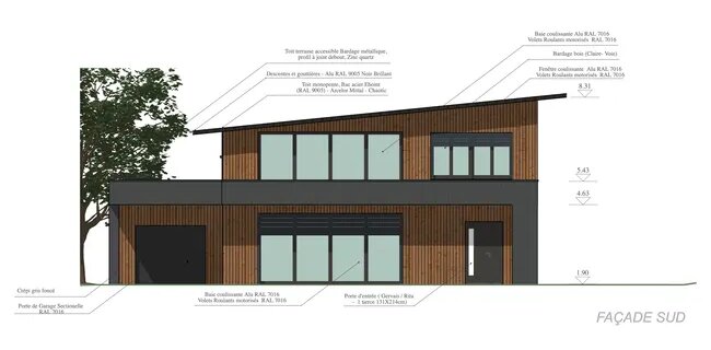 plan de façade d'une maison moderne en bois réalisé avec Cedreo