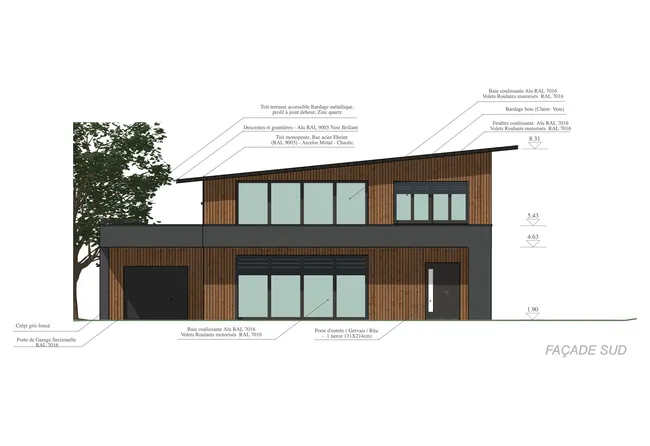plan de façade d'une maison moderne en bois réalisé avec Cedreo