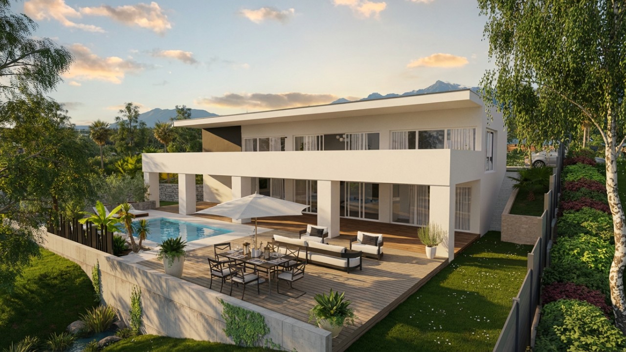 Rendu 3D photo réaliste d'une villa sur un terrain en pente réalisé avec Cedreo