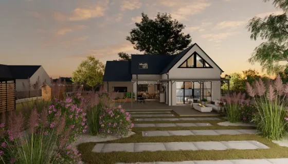 Rendu 3D d'une maison familliale de nuit réalisé avec Cedreo