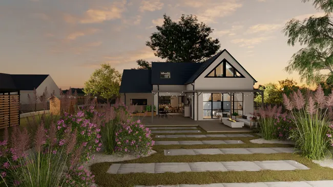 Rendu 3D d'une maison familliale de nuit réalisé avec Cedreo