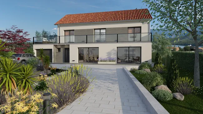 Rendu 3D de l'avant d'une maison avec allée et aménagement paysager réalisé avec Cedreo