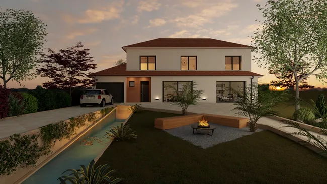 Rendu 3D de la façade avant d'une maison avec un jardin avec un bassin réalisé avec Cedreo